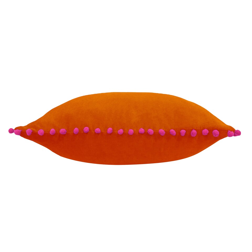image 1 of Paoletti Velvet Pom Pom Cushion, Orange/Fuchsia, 45 x 45cm