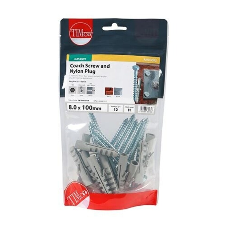 image 1 of Timco - Coach Screws & Nylon Plugs - Zinc (Size 8.0 x 100 - 12 Pieces)
