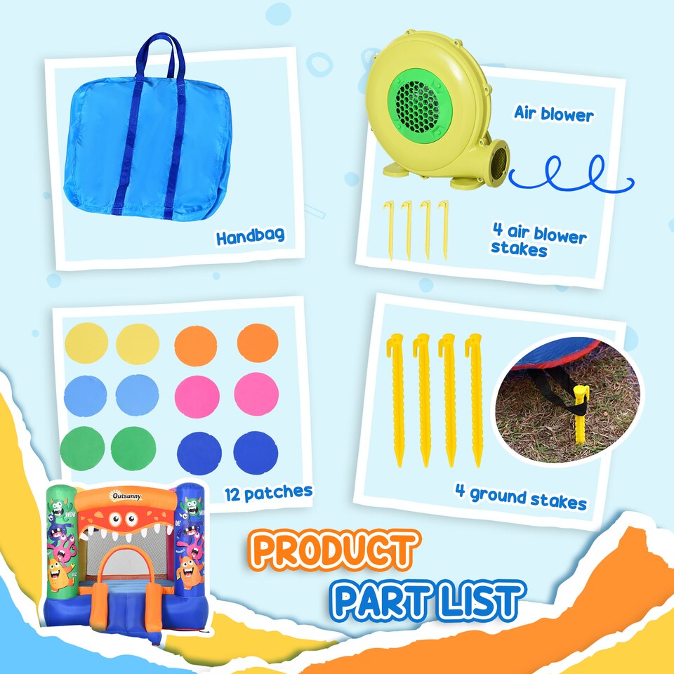 image 1 of Outsunny Bouncy Castle with Slide Basket Trampoline Monster Design