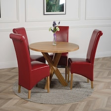 Oregon Round Oak Dining Table with Montana Leather Chairs Red
