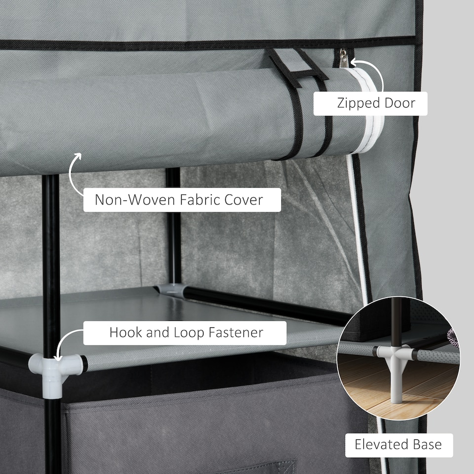 image 1 of HOMCOM Fabric Wardrobe, Portable Wardrobe, Clothes Storage Unit with 5 Compartments, Hanging Rail and 2 Fabric Drawers, 102 x 42.5 x 162.5cm, Dark Grey | Grey | Dark Grey