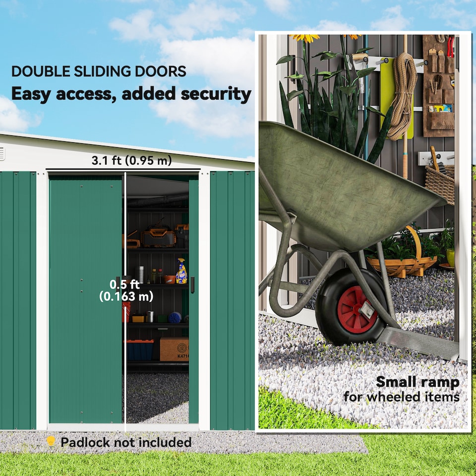 image 1 of Outsunny 11.3 x 9.2ft Lean to Metal Garden Shed, Outdoor Galvanised Tool Storage House with Double Sliding Doors and 2 Air Vents, Green