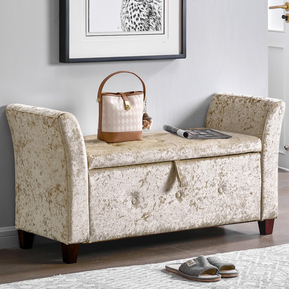 image 1 of Vida Designs Seville Storage Ottoman Bedroom Hallway Chest Bench, Crushed Velvet Champagne | Yellow | Champagne