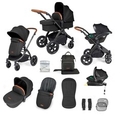 Stomp Luxe 12pc Travel System with Stratus i-Size Car Seat & ISOFIX Base, Carrycot, Reversible Seat, Rain Cover & More (Black/Midnight/Tan)