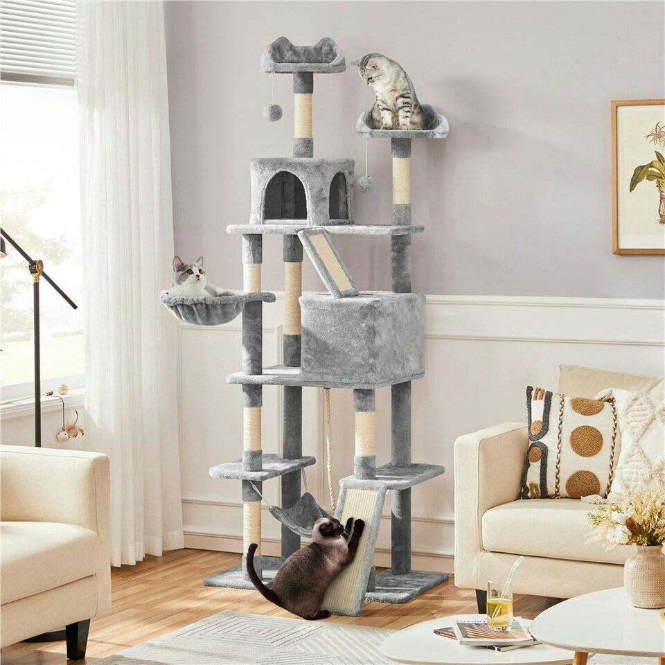 image 1 of Yaheetech 209 cm Large Cat Tower with 2 Cozy Condos Light Grey