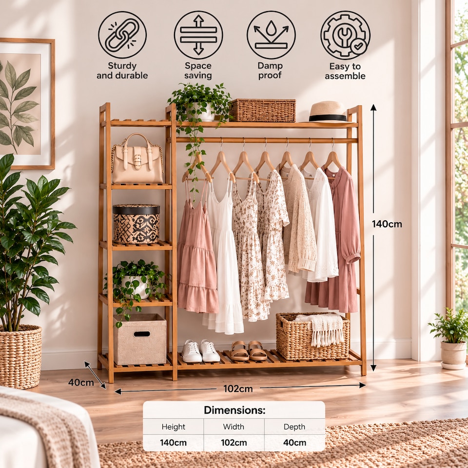 image 1 of Neo Bamboo Rack Clothes with Storage Shelf Hanging Rail and Side Hooks | Brown