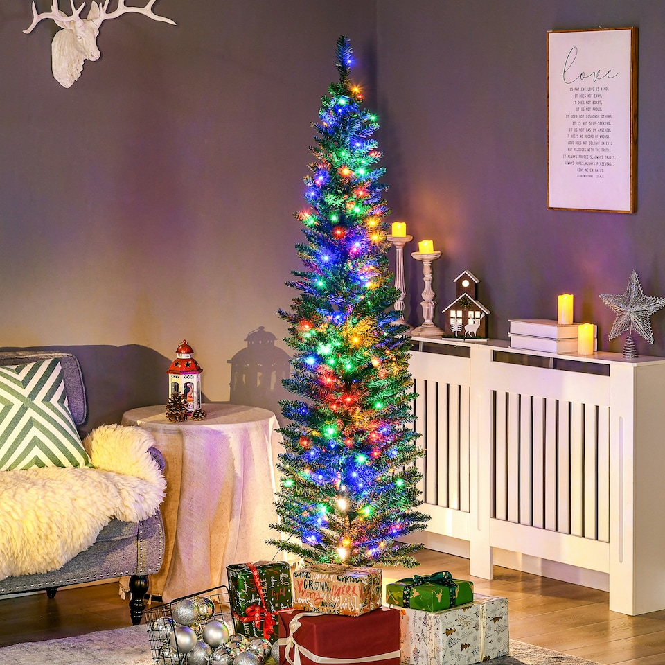 image 1 of HOMCOM 6ft Artificial Pencil Christmas Tree with Colourful Lights, Steel Base