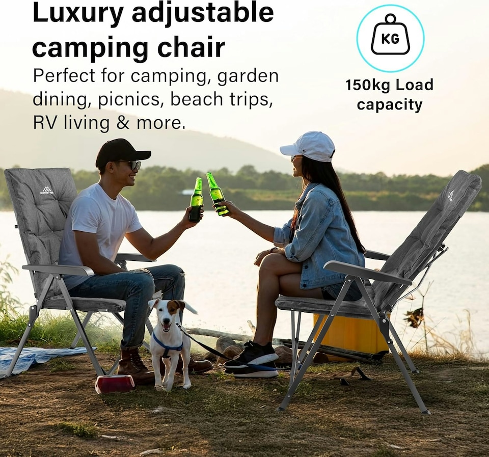 image 1 of Luxury Adjustable Camping Chairs Heavy Duty Outdoor High Back Padded Folding - 2 Grey Chairs | Grey