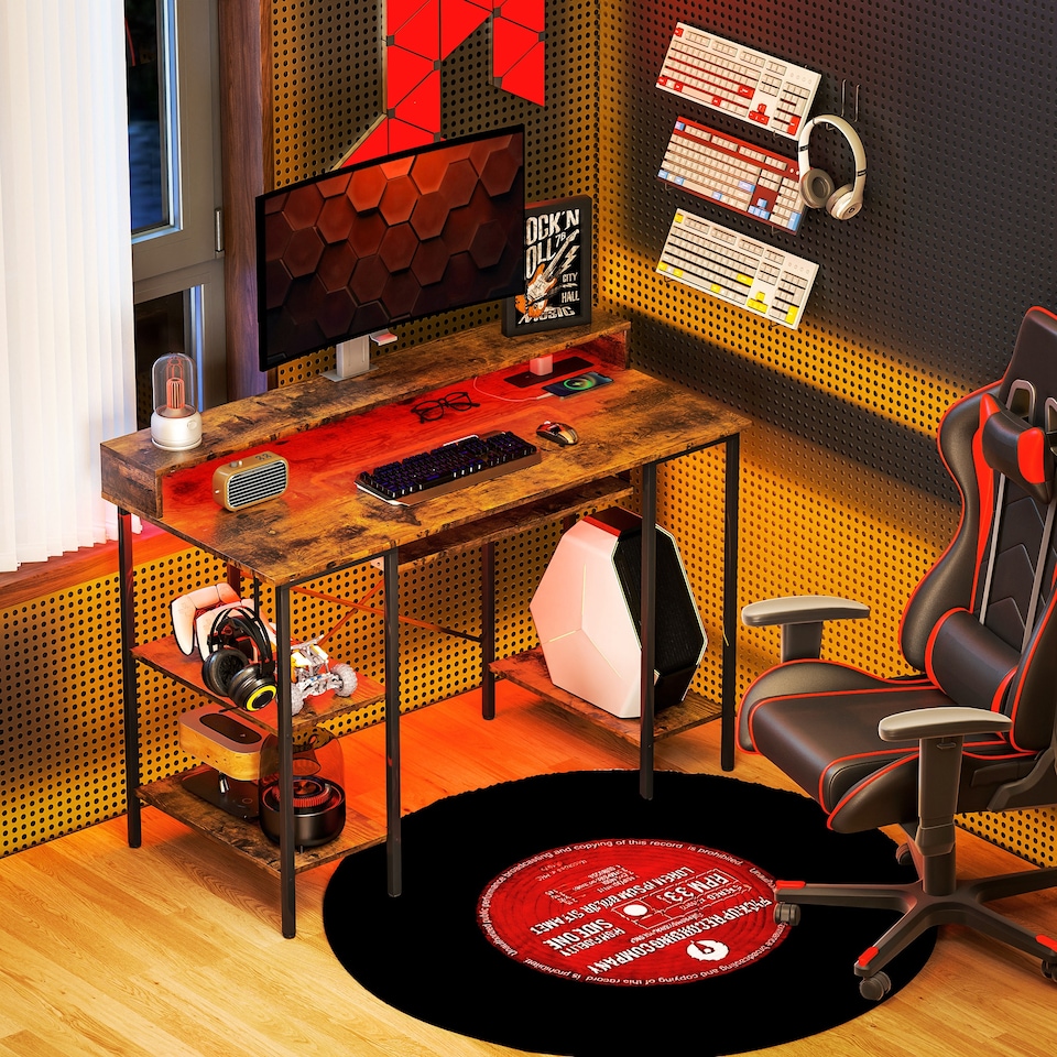 image 1 of HOMCOM Computer Desk with LED Lights and Power Outlets, 120 x 55 cm Gaming Desk with Monitor Stand, Sliding Keyboard Tray and Storage Shelves for Home Office, Rustic Brown | Brown