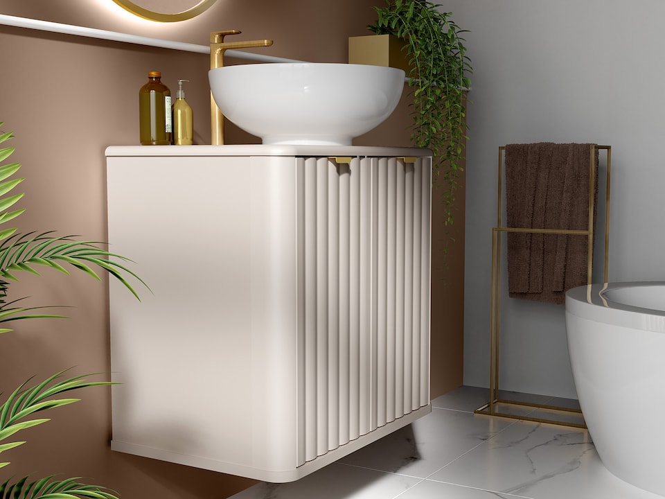 image 1 of Beige Bathroom Vanity Sink Unit Wall Hung Ribbed Cabinet 600mm Countertop with Basin Oren