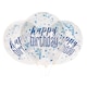 image 1 of Pack of 6 12" Clear Printed Glitz "Happy Birthday" Balloons with Confetti, Blue & Silver