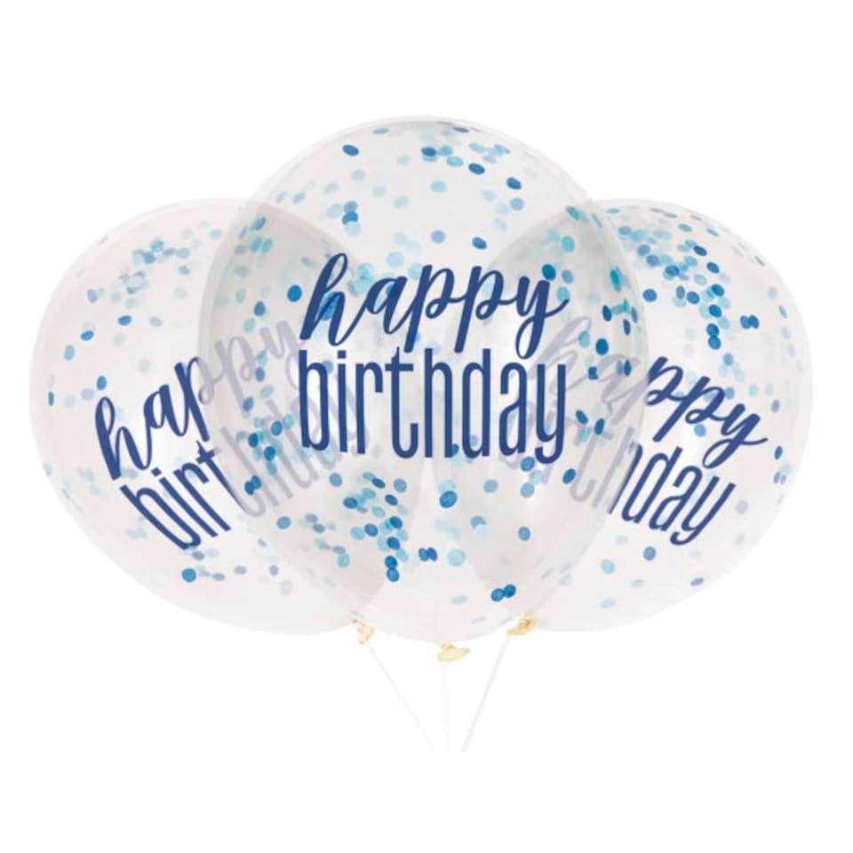 image 1 of Pack of 6 12" Clear Printed Glitz "Happy Birthday" Balloons with Confetti, Blue & Silver