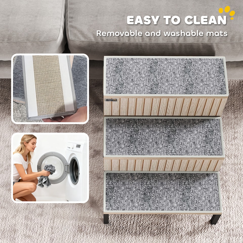 image 1 of PawHut Dog Stairs with Storage, Pet Steps for Older Cats & Small Dogs with Non-Slip Cover, Puppy Pet Steps for Sofa, High Bed, Oak Tone