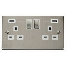 SE HOME Stainless Steel 2 Gang 13A DP Ingot 2 USB Twin Double Switched Plug Socket White | Stainless Steel
