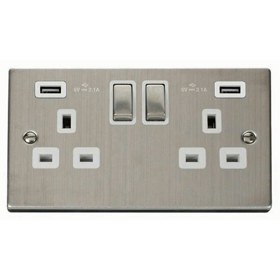 SE HOME Stainless Steel 2 Gang 13A DP Ingot 2 USB Twin Double Switched Plug Socket White | Stainless Steel