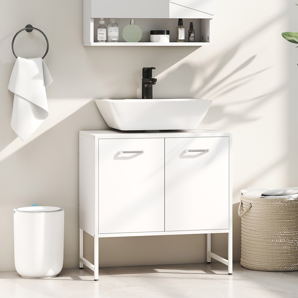 image 1 of HOMCOM Under Sink Bathroom Cabinet, Freestanding Under Sink Cabinet with Soft-Close Doors and Adjustable Shelf for Basin without or with Pedestal, White