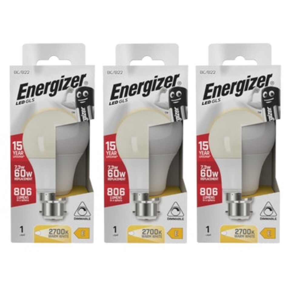 image 1 of Energizer LED GLS B22 806lm 7.3W 3000K (Warm White) Dimmable Light Bulb - Pack of 3