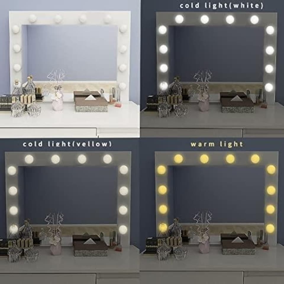 image 1 of Dressing Table with Mirror and Stool Makeup Vanity LED Bulbs Mirror Hollywood Table | White | L94 x W42 x H140 cm