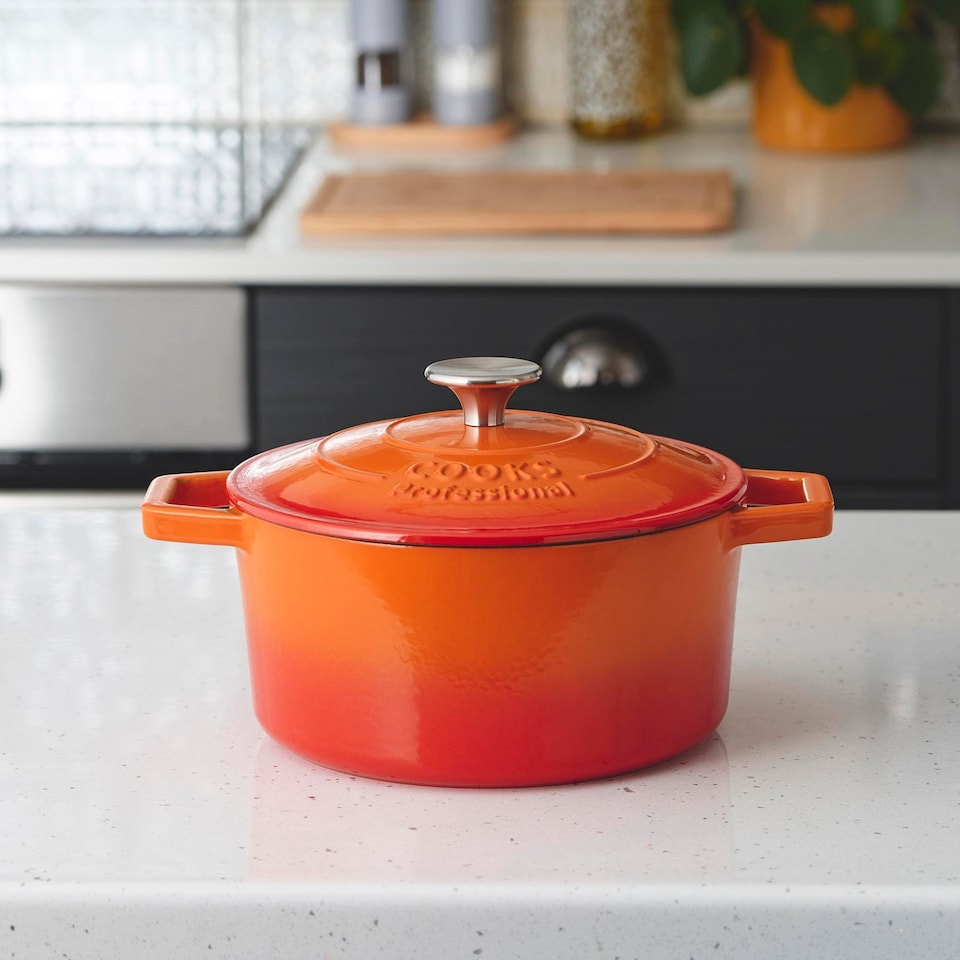 image 1 of Cooks professional Cast Iron Casserole Dish 20cm - Ovenproof Pan with Lid | Orange | Orange