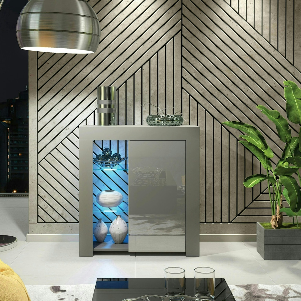 image 1 of Sideboard 75cm Grey Gloss Door Grey Matt Body Glass Shelves Free LED Grey