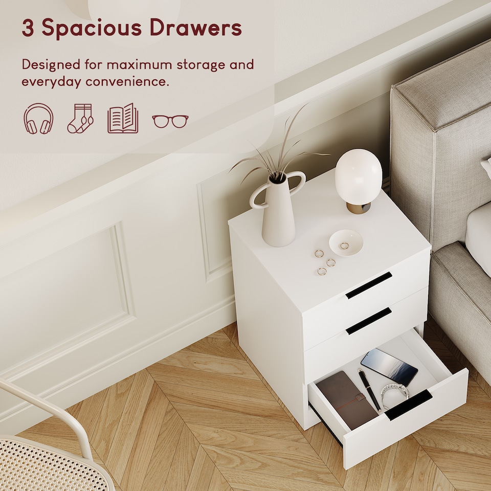 image 1 of Vida Designs Trega 3 Drawer Bedside Chest Bedroom Storage Unit, (H) 50cm x (W) 39cm x (D) 28cm, White