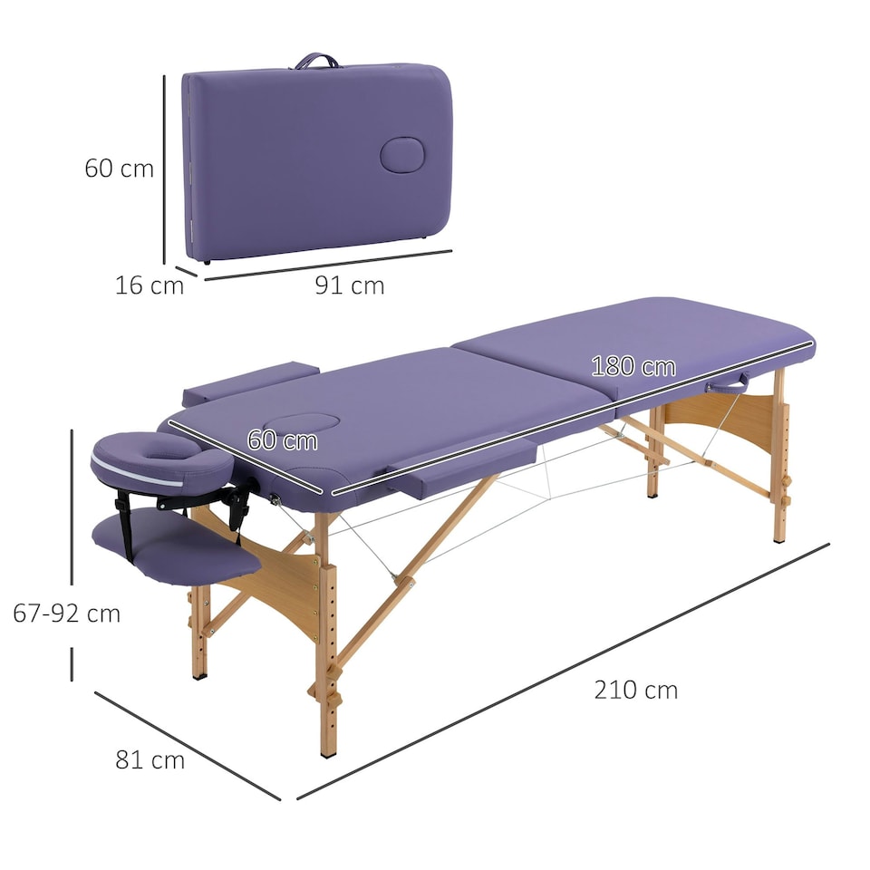 image 1 of HOMCOM Portable Massage Bed, Folding Spa Beauty Massage Table with 2 Sections, Carry Bag and Wooden Frame, Purple