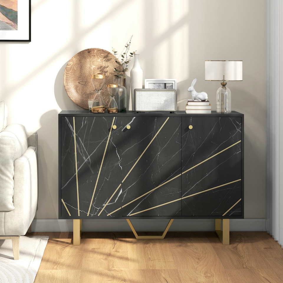 image 1 of HOMCOM Sideboard Storage Cupboard with Metal Legs for Living Room, Black Black | Gold