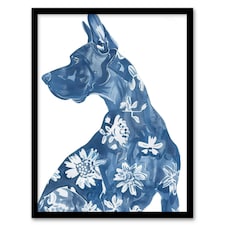 Dog Lover Blue Great Dane with Floral Pattern Black Framed Wall Art Print A4
