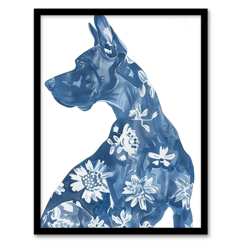 image 1 of Dog Lover Blue Great Dane with Floral Pattern Black Framed Wall Art Print A4