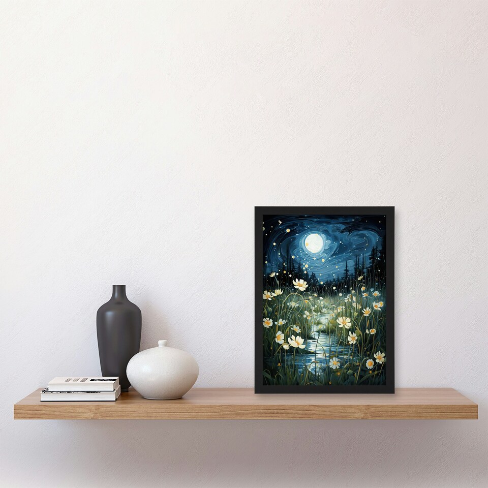 image 1 of Moonlit Dancing Fireflies By Buttercup Brook Black Framed Wall Art Print A4