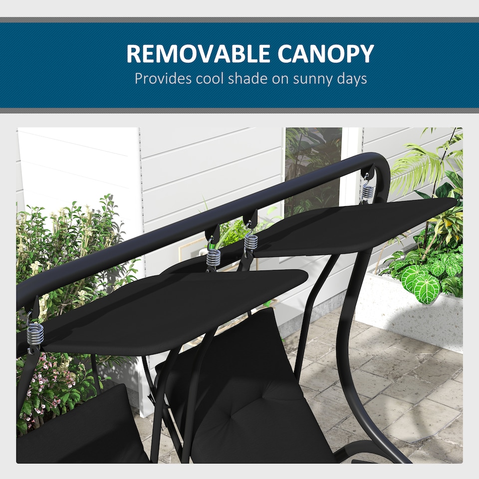image 1 of Outsunny Canopy Swing 2 Separate Relax Chairs w/ Handrails, Cup Holders | Black | Black | L