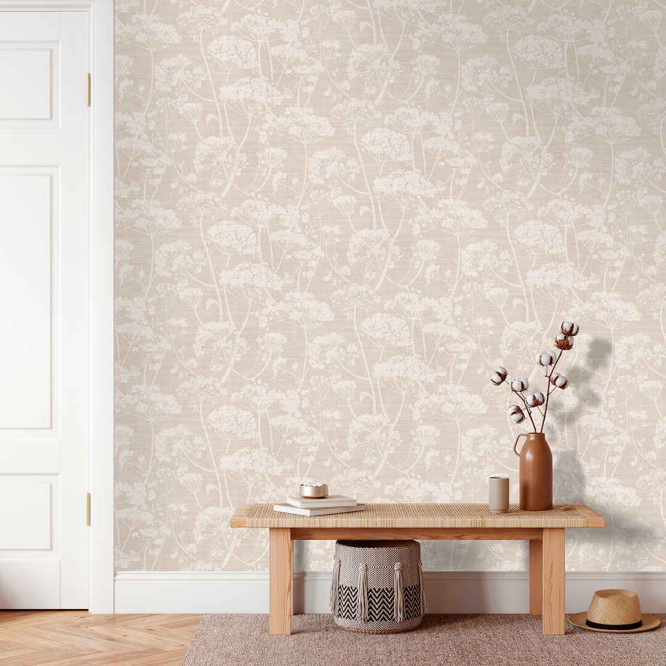 image 1 of Grandeco Cow Parsley Organic Foliage Trail Wallpaper, Natural Taupe | Brown | Natural | 5.32