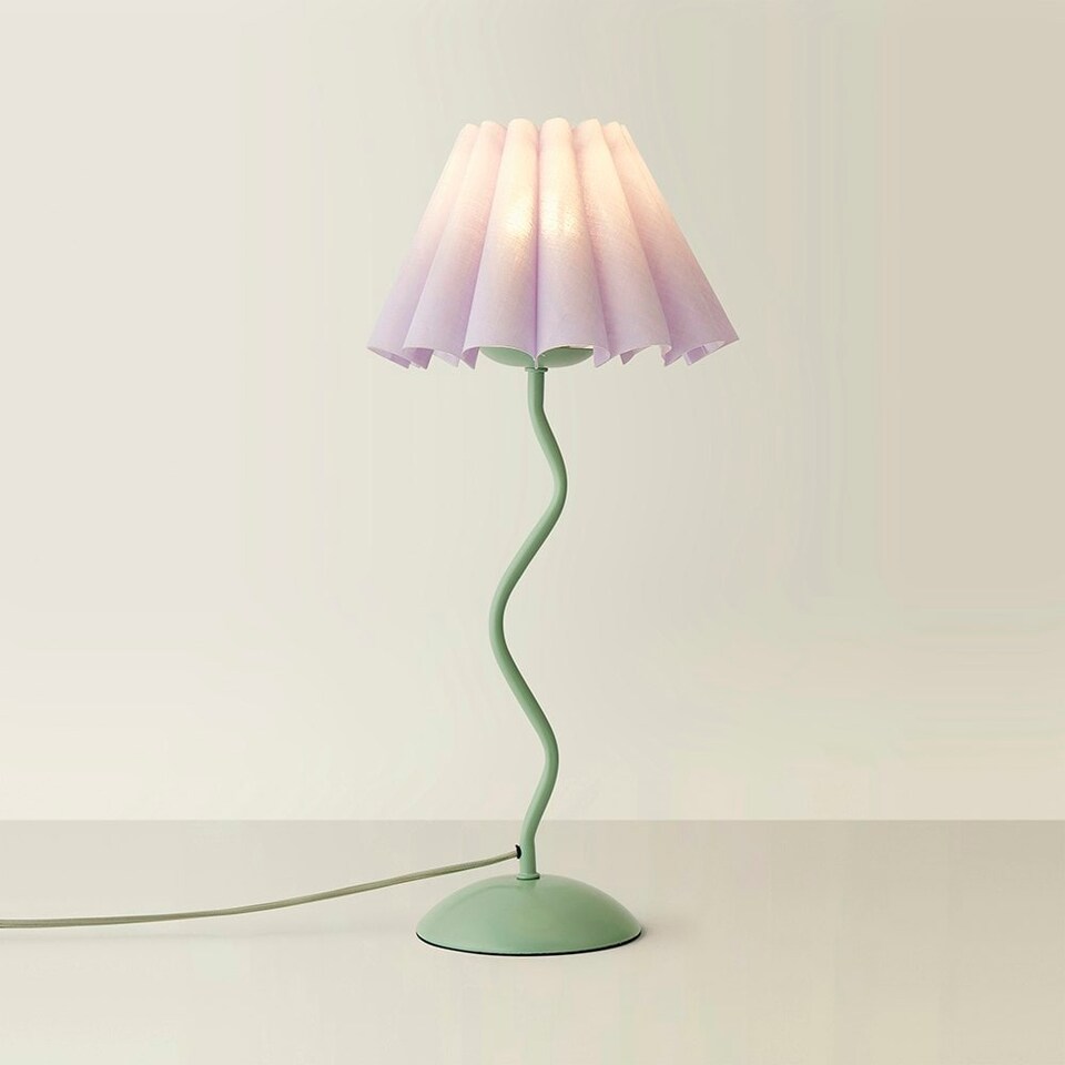 image 1 of ValueLights Wiggle Lilac Pleated Scallop Lamp Shade Moss Green Metal Table Lamp and LED Bulb | Green | Purple