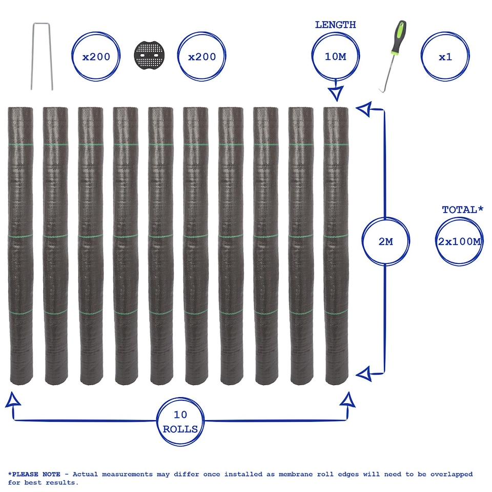 image 1 of Harbour Housewares 110gsm Weed Control Membrane Set with Pegs & Plates - 2m x 100m (10 Rolls) | Black | Black