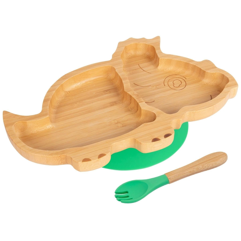image 1 of Tiny Dining Bamboo Dinosaur Baby Weaning Plate & Fork Set - Green