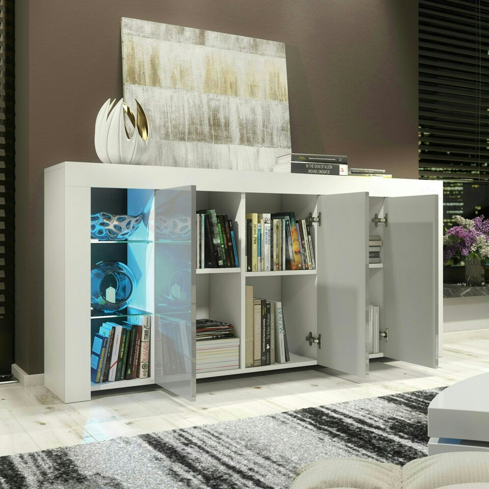 image 1 of Sideboard 164cm Grey Gloss Doors White Matt Body Free LED White | Grey