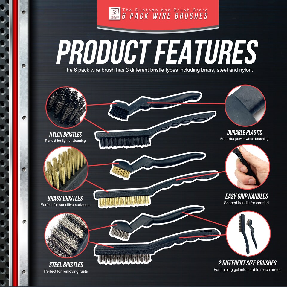 image 1 of 6-Piece Wire Brush Set Steel, Brass & Nylon Brushes for Rust & Detail Cleaning