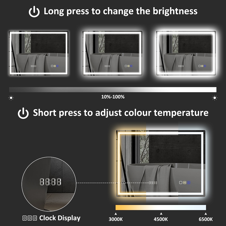 image 1 of HOMCOM 600 x 800 mm Bluetooth LED Bathroom Mirror, Illuminated Backlit Vanity Mirror with 3 Colours Dimmable, Clock, Anti-Fog, Memory Function, Touch Sensor, IP44 | Silver