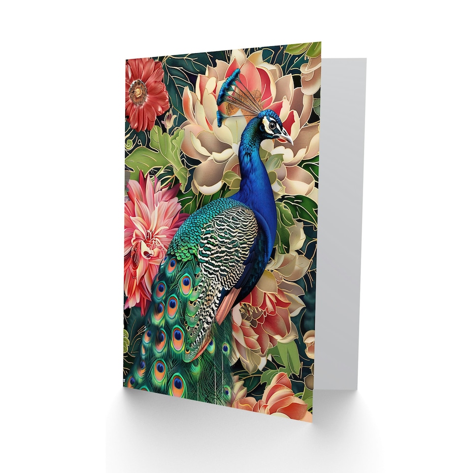 image 1 of Peacock Bird with Flower Pattern Stylised Design Birthday Card