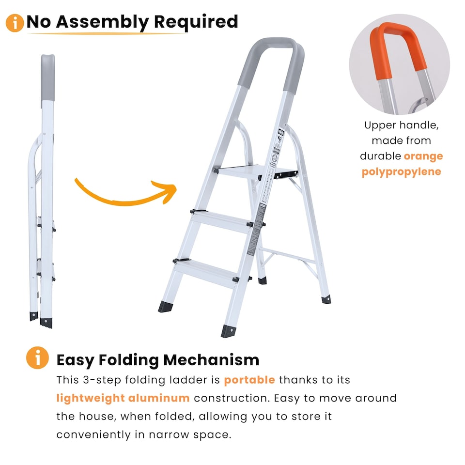 image 1 of Lightweight Step Ladders - Compact Aluminium Stepladder with Non-Slip Wide Step, Portable Silver Color - Tall Folding Ladder with Platform Silver | 3- Step 105 cm