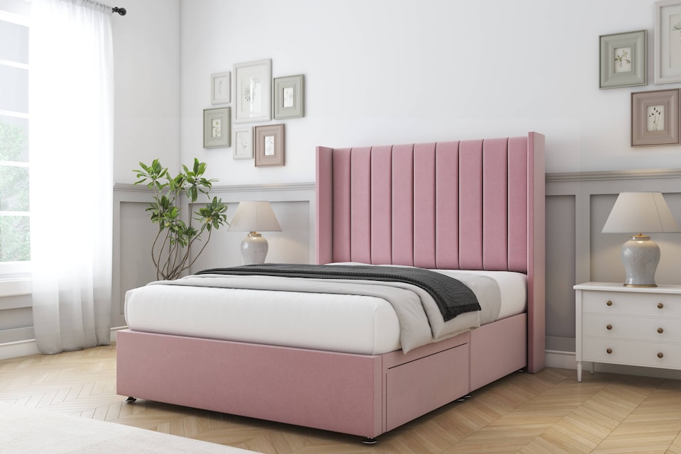 image 1 of Sloomy Falcon Pink Plush Divan Bed With Mattress 2 Drawers Footend With 54" Wingback Headboard 4' Small Double | Pink | Pink | Small Double | 1