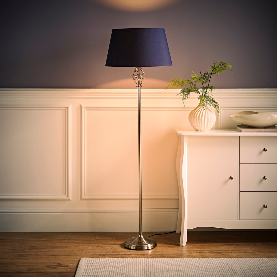 image 1 of ValueLights Memphis Twist Brushed Chrome Floor Lamp Navy Blue Shade | Blue