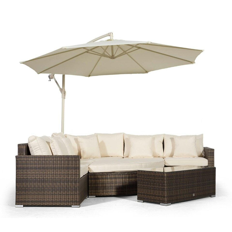 image 1 of Santorini L Shape Modular 5 Seat Rattan Corner Sofa Set With Daybed Ottoman & Coffee Table | Brown | Brown