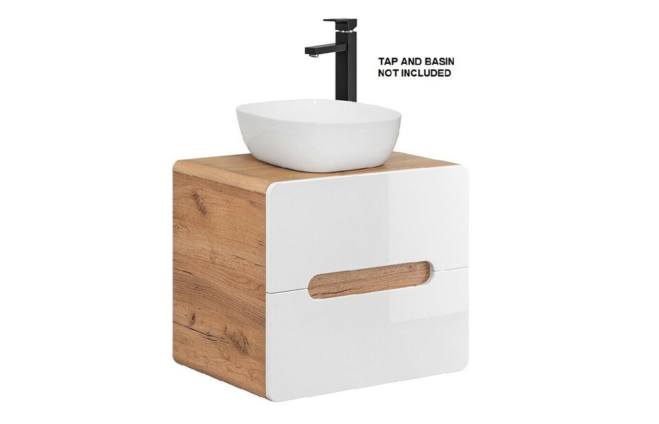 image 1 of 600mm Vanity Unit for Countertop Sink Wall Bathroom Cabinet with Drawers Handleless White Gloss Oak Arub