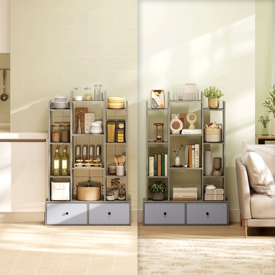 image 1 of HOMCOM Tree Bookshelf, 12-Tier Floor Standing Bookcase with 2 Foldable Drawers, Freestanding Book Shelf Storage Display Shelving Unit for Living Room, Home Office, Bedroom, Graphite Wood Effect