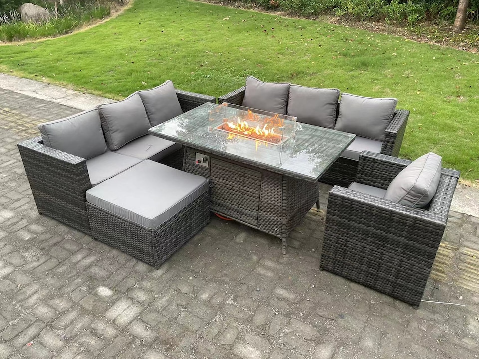 image 1 of Fimous Outdoor Rattan Garden Furniture Sofa Set Gas Fire Pit Dining Table Gas Heater Burner With Armchair Big Footstool 8 Seater Dark Grey Mixed