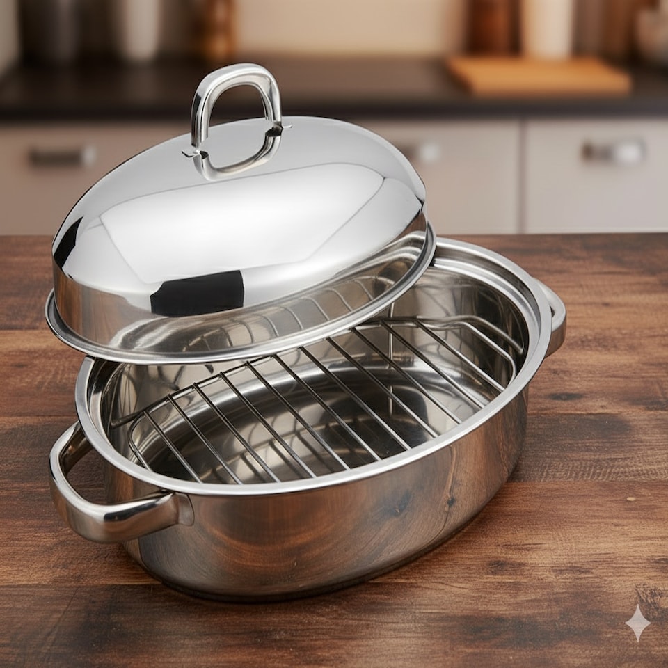 image 1 of Stainless Steel Roasting Oval Pan Tray Set with Removable Rack Cooking Baking Sturdy Handles - Size 32 cm N/A