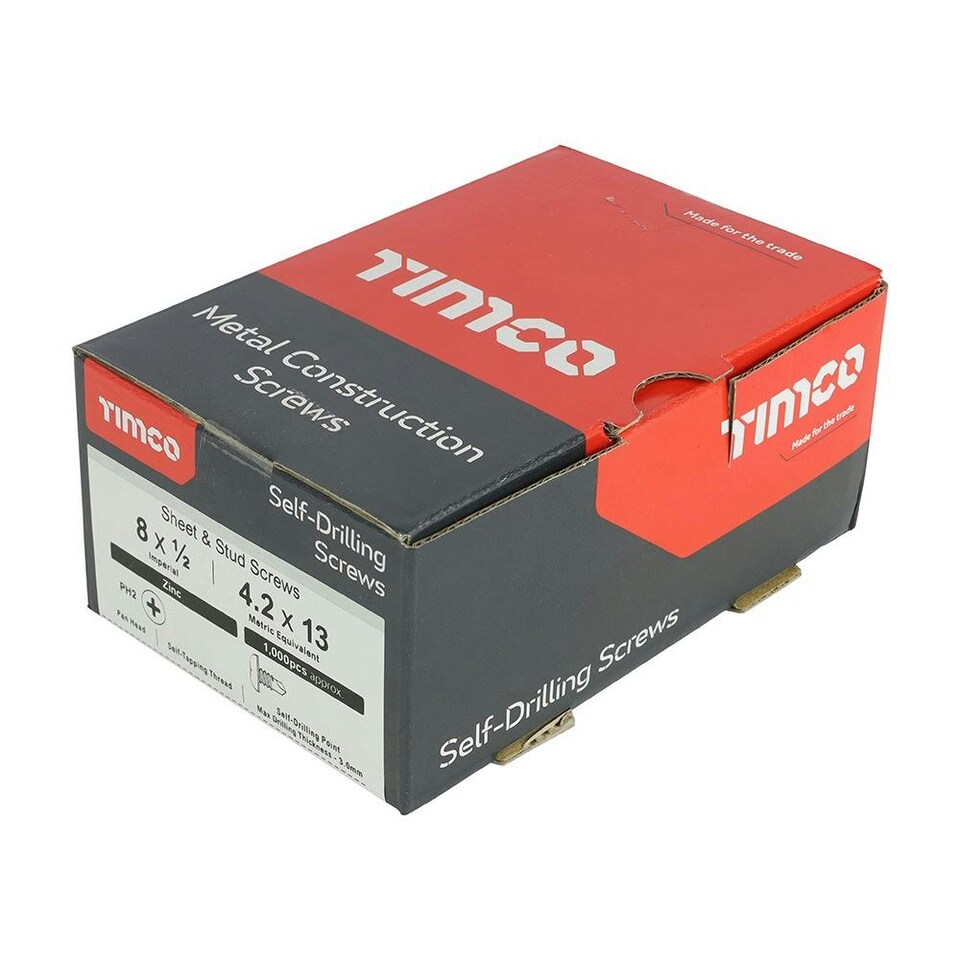 image 1 of Timco - Metal Construction Sheet & Stud Screws - PH - Pan - Self-Drilling - Zinc (Size 8 x 1/2 - 1000 Pieces)