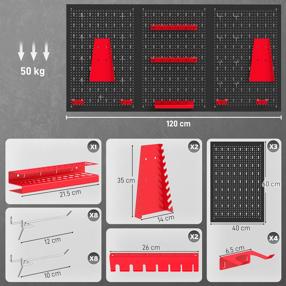 image 1 of HOMCOM 28 Pcs Wall-Mounted Pegboard with Hooks and Storage Shelves