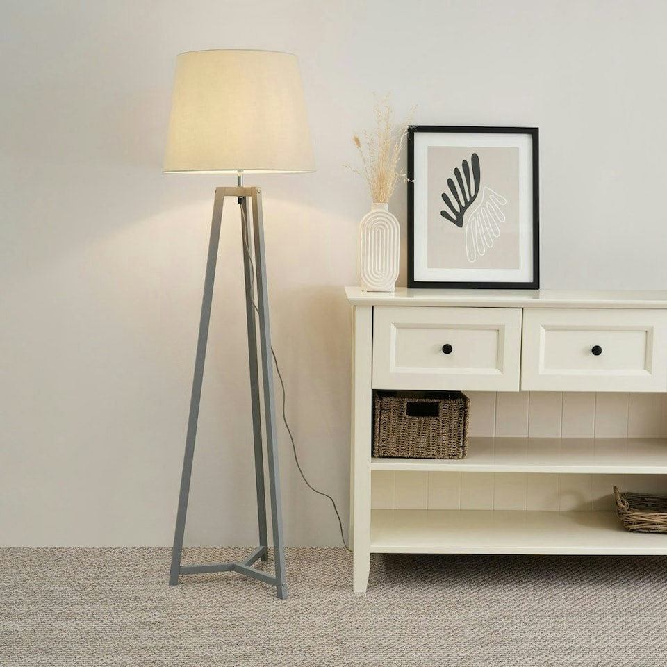 image 1 of ValueLights Lottie Grey Wood Tripod Floor Lamp with Beige Fabric Tapered Shade